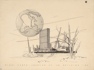 Minni Earth Location at UN Building, NY (drawing by Winslow Wedin), 1956