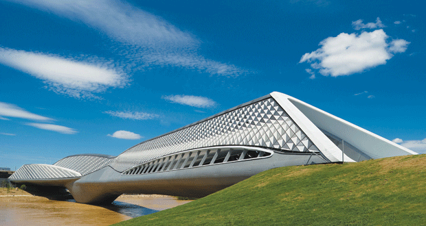 Glass-reinforced concrete panels cover the steel structure