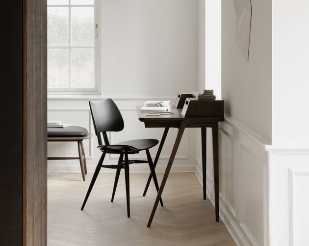 Ercol Traviso desk in walnut and the 402 butterfly chair in black leather copy
