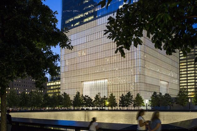 View at dusk with memorial at the base of the One World Trade Center. Image courtesy Skidmore, Owings & Merrill