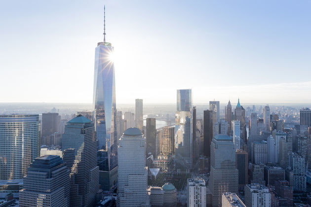 Aerial view of One World Trade Center looking east. Image courtesy Skidmore, Owings & Merrill
