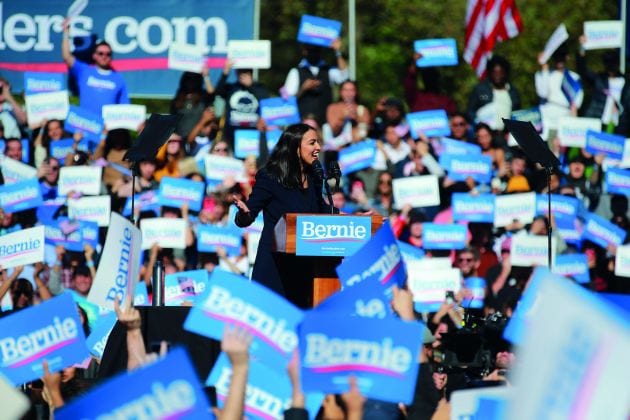 lexandria Ocasio-Cortez speaks at the Bernie’s Back rally in Long Island City, New York, October 2019. Image: Gordon Donovon / Alamy.