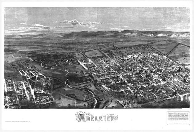 Illustrated view of Adelaide, showing the figure- of-eight parkland designed by William Light, 1876. Image: Alamy.