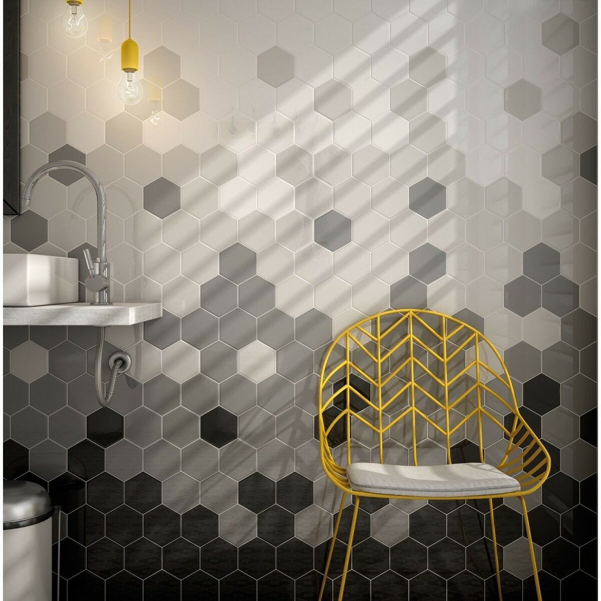 Black and Grey Hexagon shaped tiles in a modern bathroom
